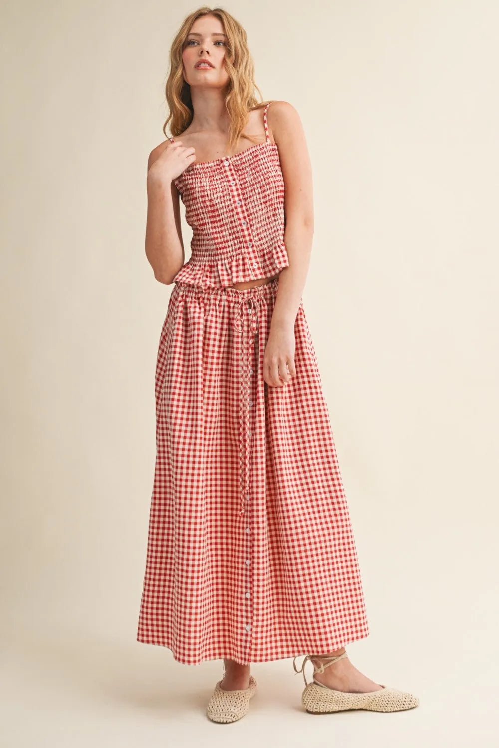 Gingham Button-Front Midi Skirt with Drawstring Waist