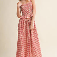 Gingham Button-Front Midi Skirt with Drawstring Waist