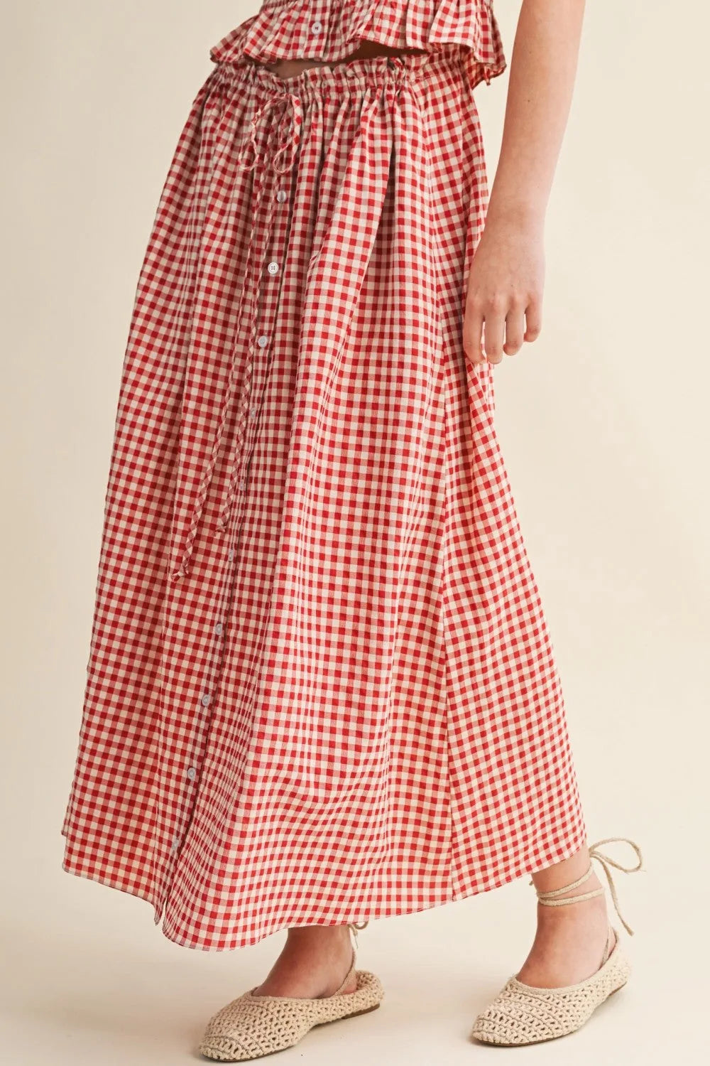 Gingham Button-Front Midi Skirt with Drawstring Waist