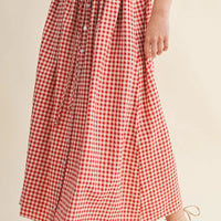 Gingham Button-Front Midi Skirt with Drawstring Waist