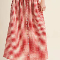 Gingham Button-Front Midi Skirt with Drawstring Waist