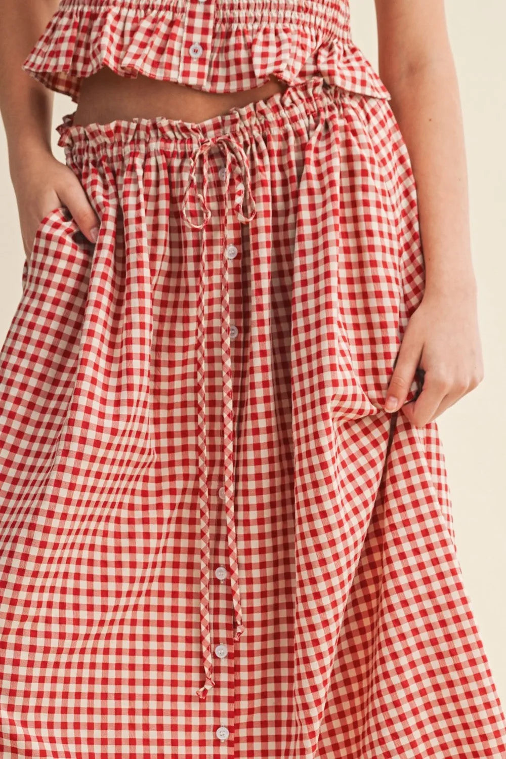 Gingham Button-Front Midi Skirt with Drawstring Waist
