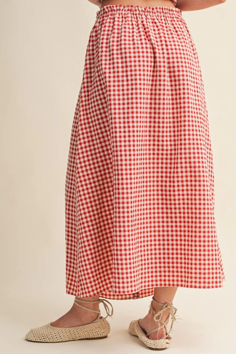 Gingham Button-Front Midi Skirt with Drawstring Waist