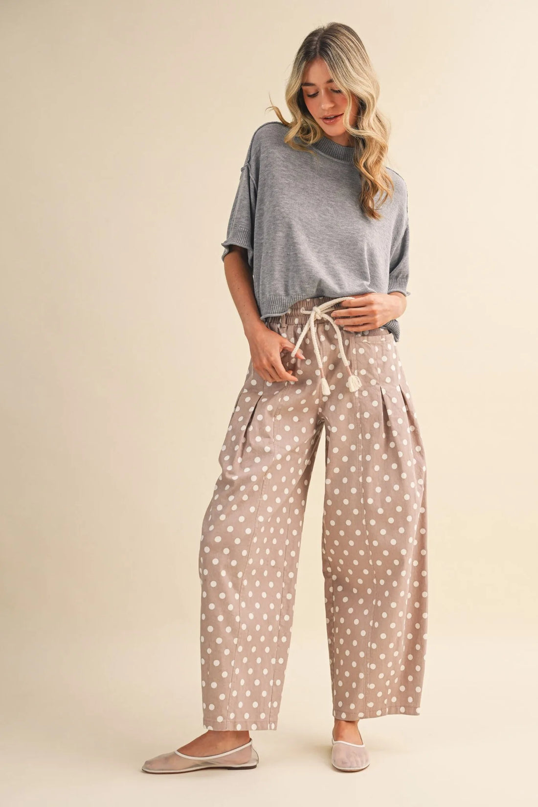 Polka Dot Pleated Barrel Pants