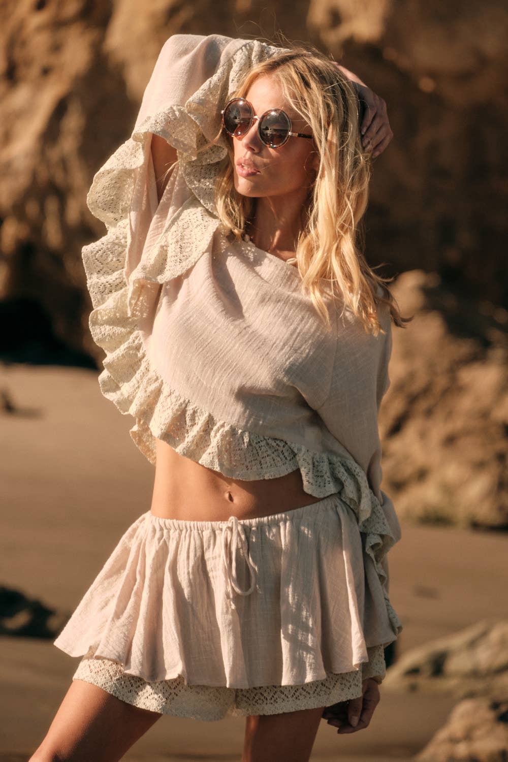 Boho Crochet Lace Ruffle Bell-Sleeve Cropped Top
