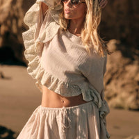 Boho Crochet Lace Ruffle Bell-Sleeve Cropped Top