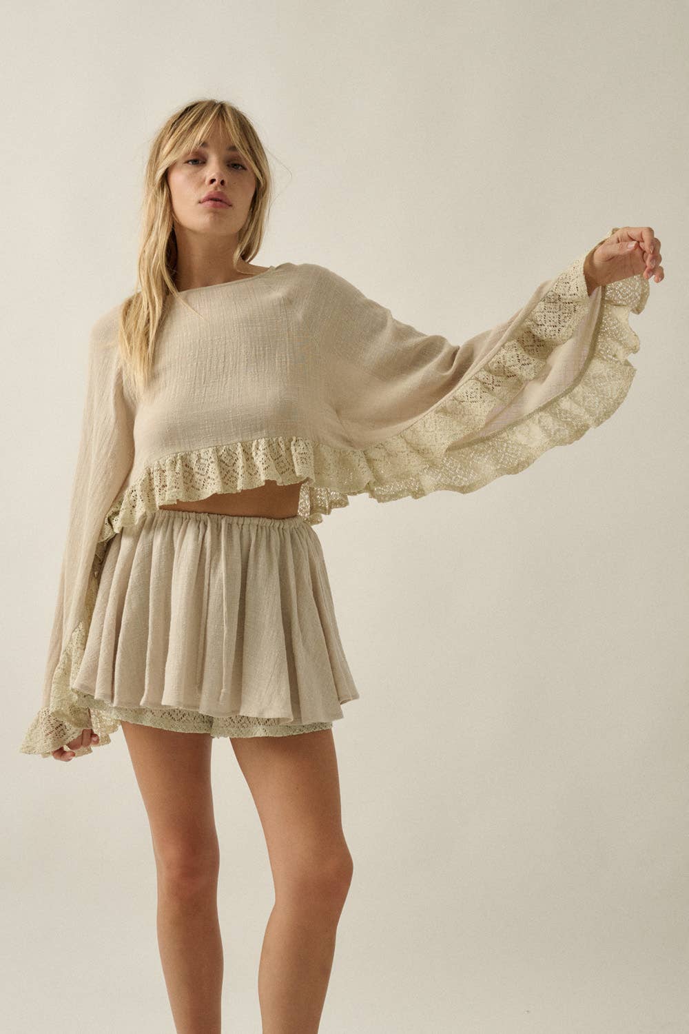 Boho Crochet Lace Ruffle Bell-Sleeve Cropped Top