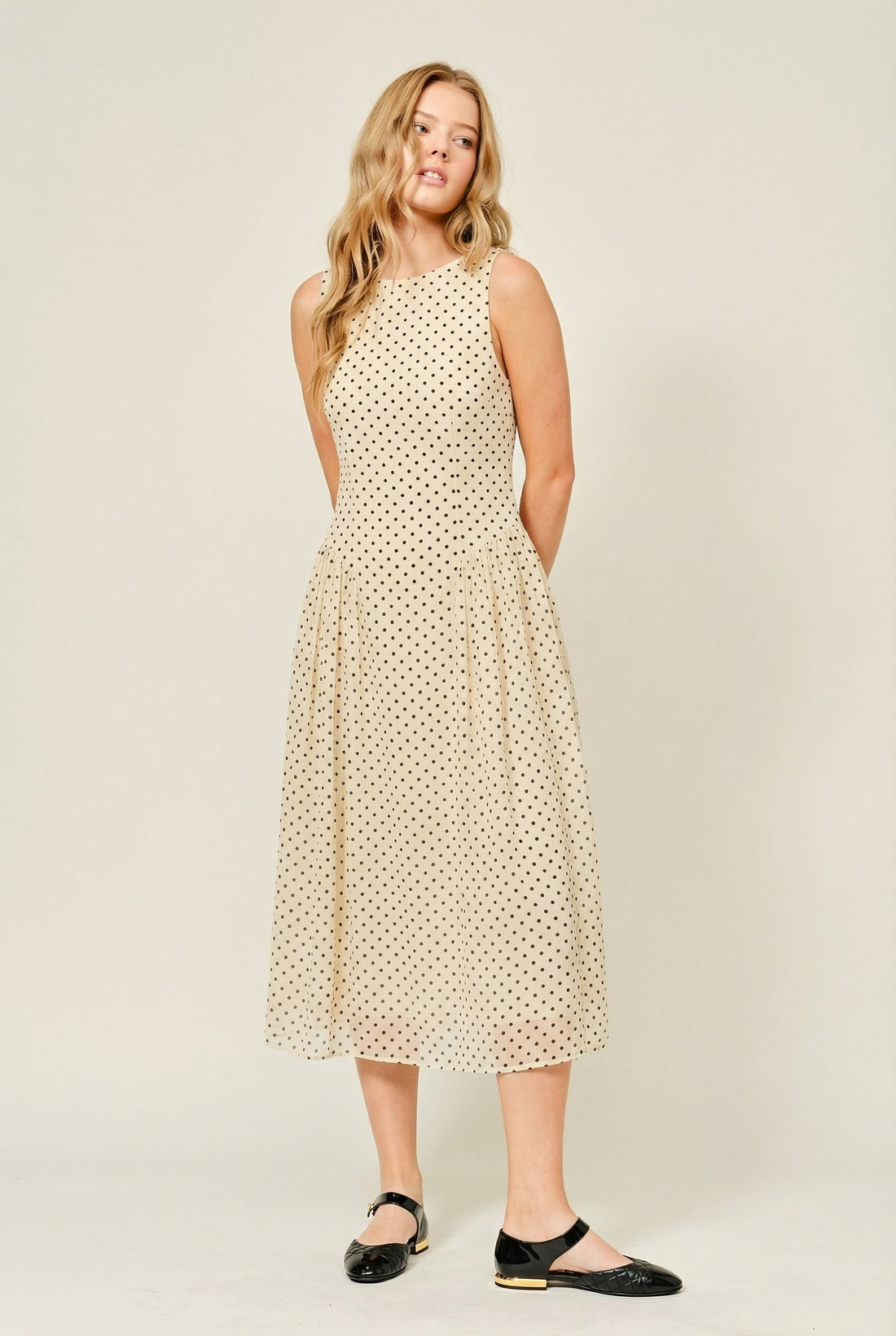 Classic Polka Dot Sleeveless Midi Dress