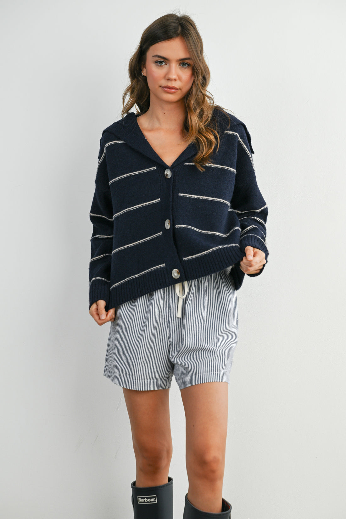 Stripe Button-Up Knit Collared Top