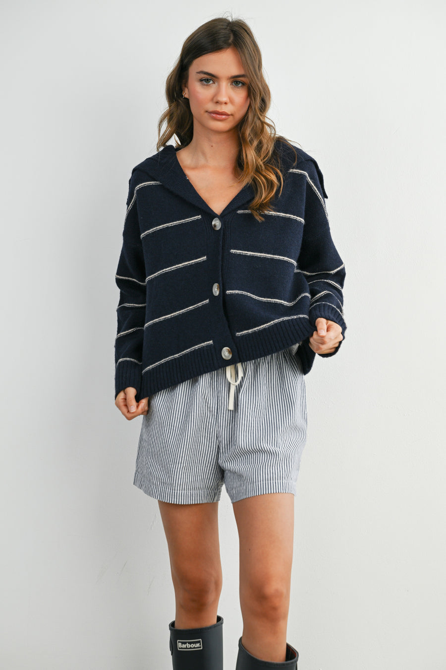 Stripe Button-Up Knit Collared Top