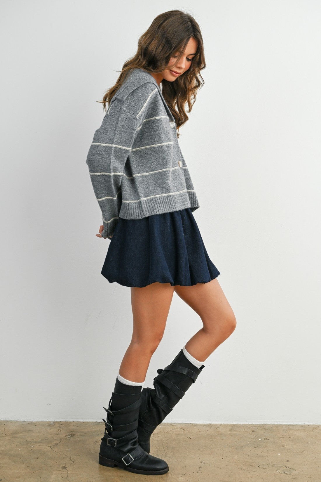 Stripe Button-Up Knit Collared Top