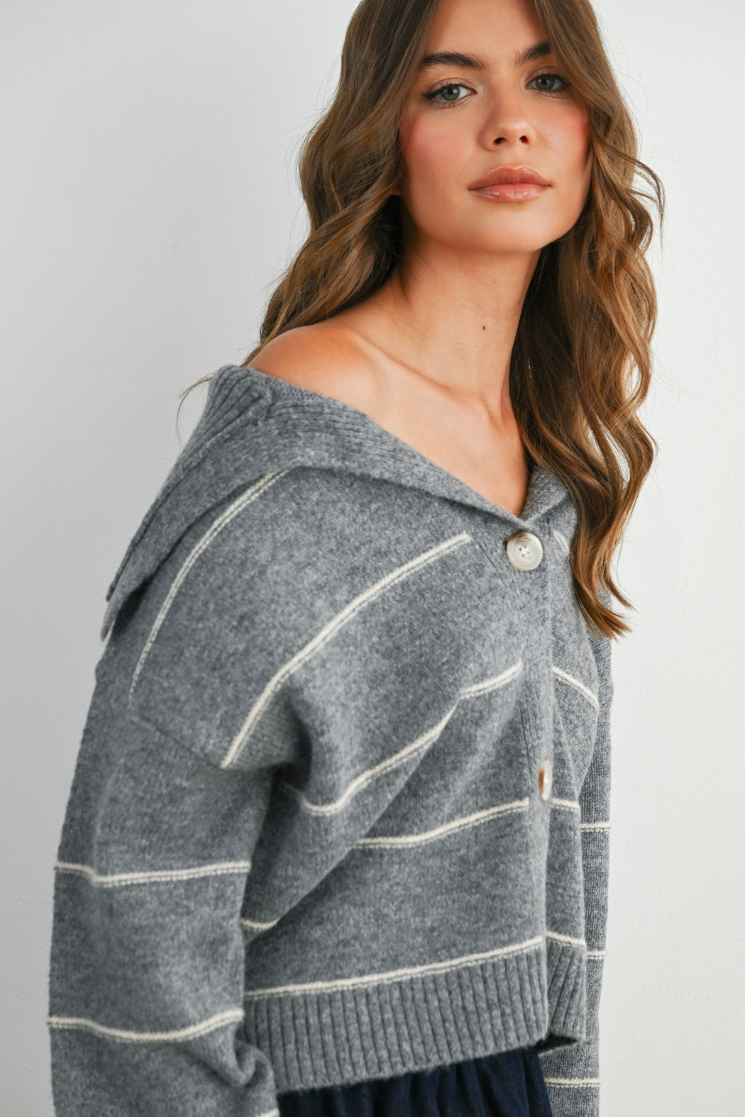 Stripe Button-Up Knit Collared Top