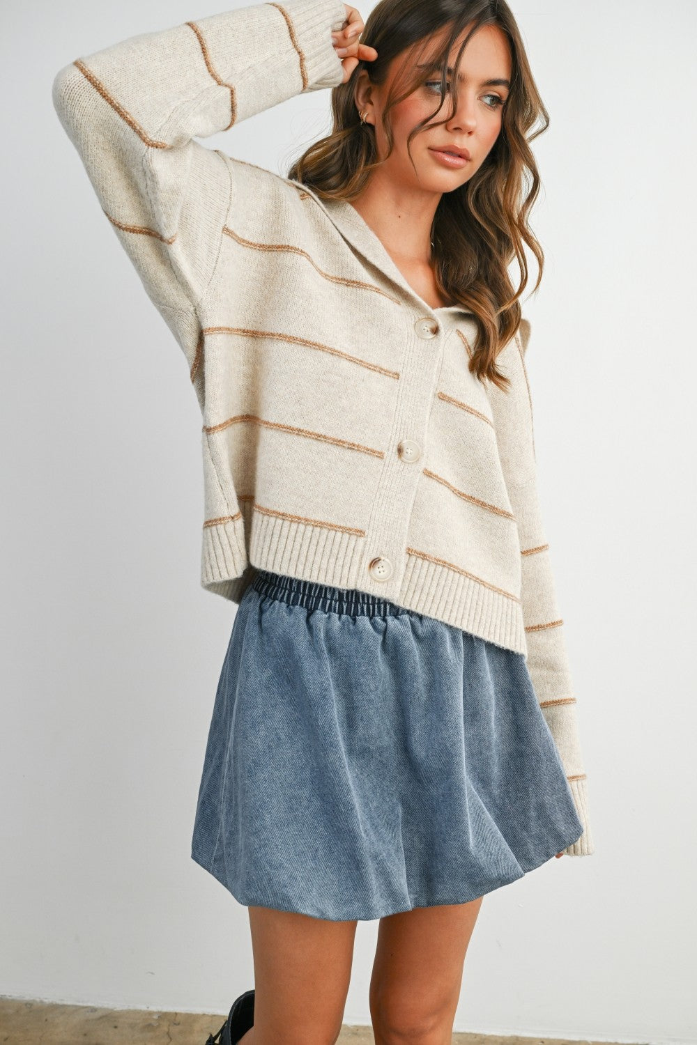 Stripe Button-Up Knit Collared Top