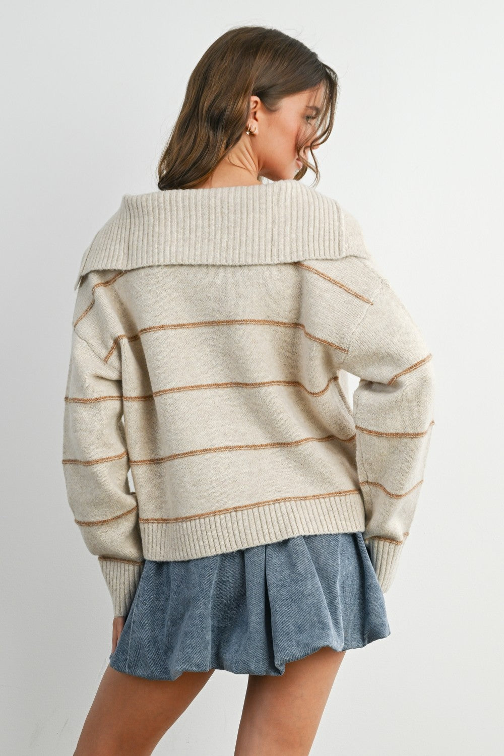 Stripe Button-Up Knit Collared Top