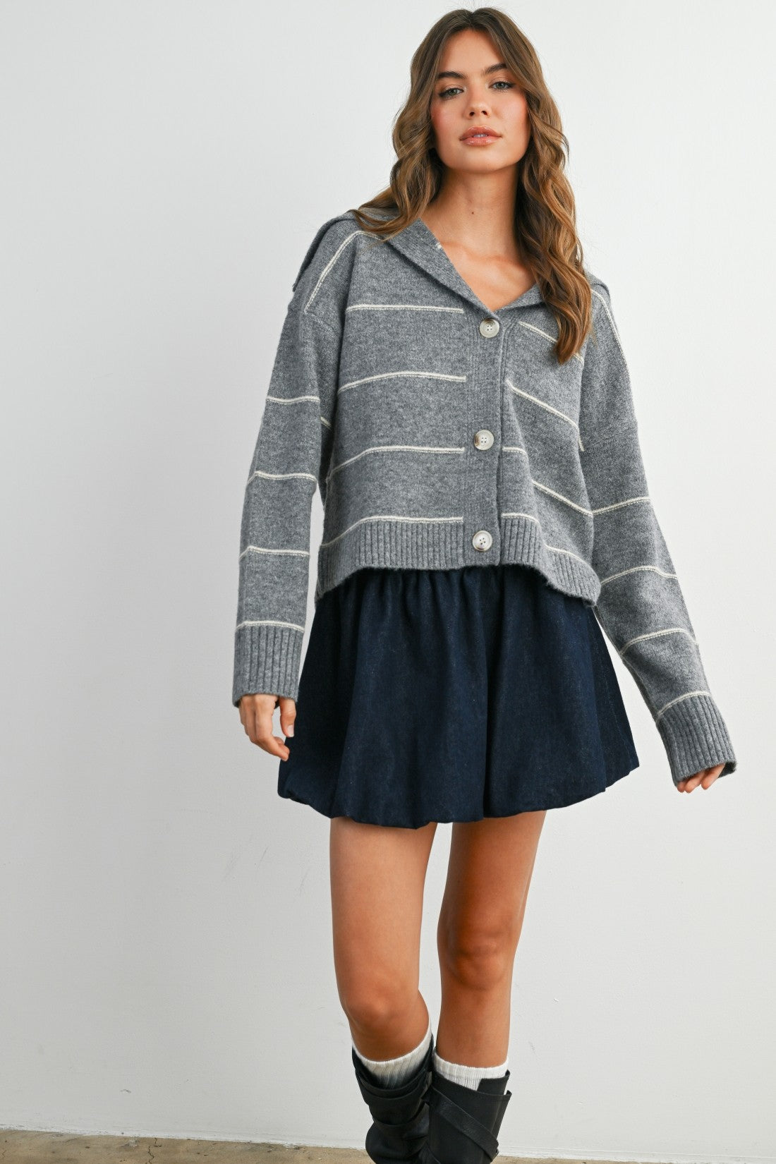 Stripe Button-Up Knit Collared Top