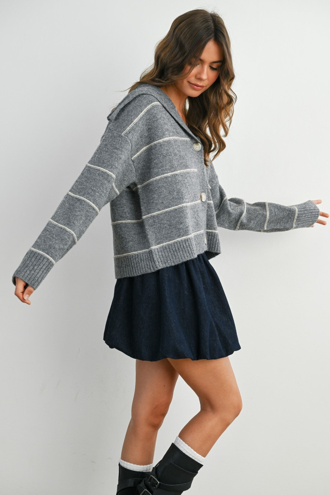Stripe Button-Up Knit Collared Top