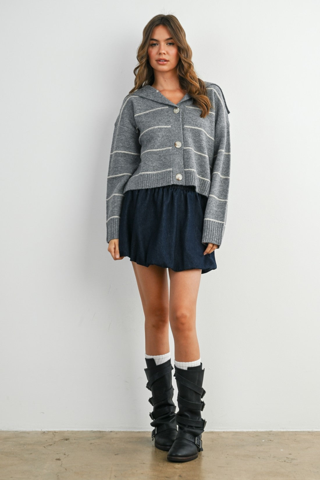 Stripe Button-Up Knit Collared Top