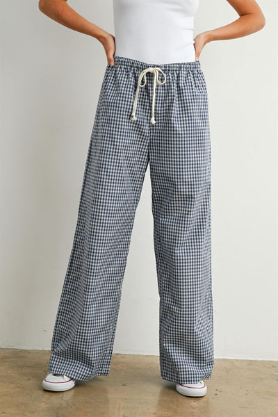 Women's navy gingham drawstring wide leg pants front view