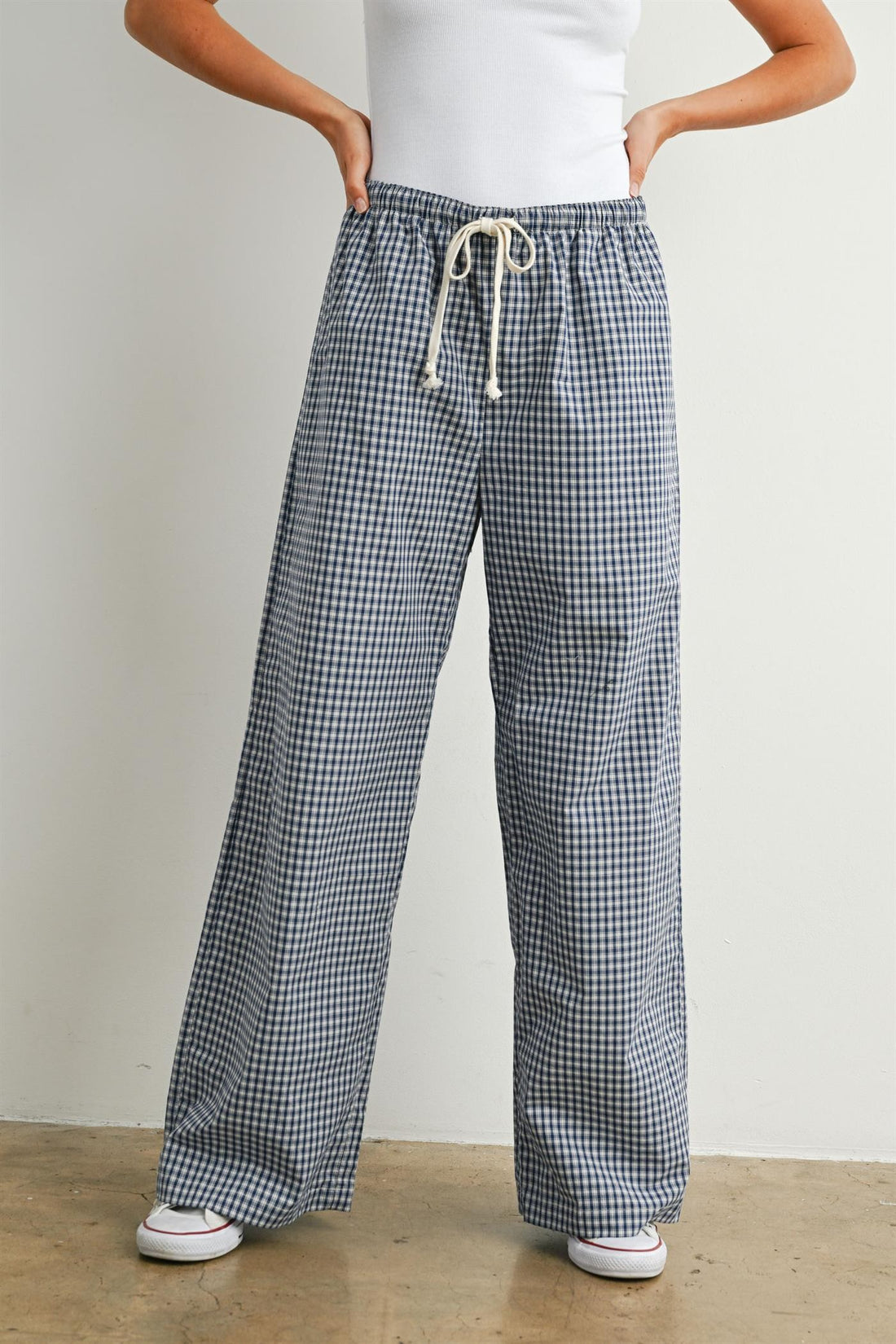 Women's navy gingham drawstring wide leg pants front view