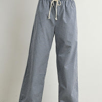 Women's navy gingham drawstring wide leg pants front view