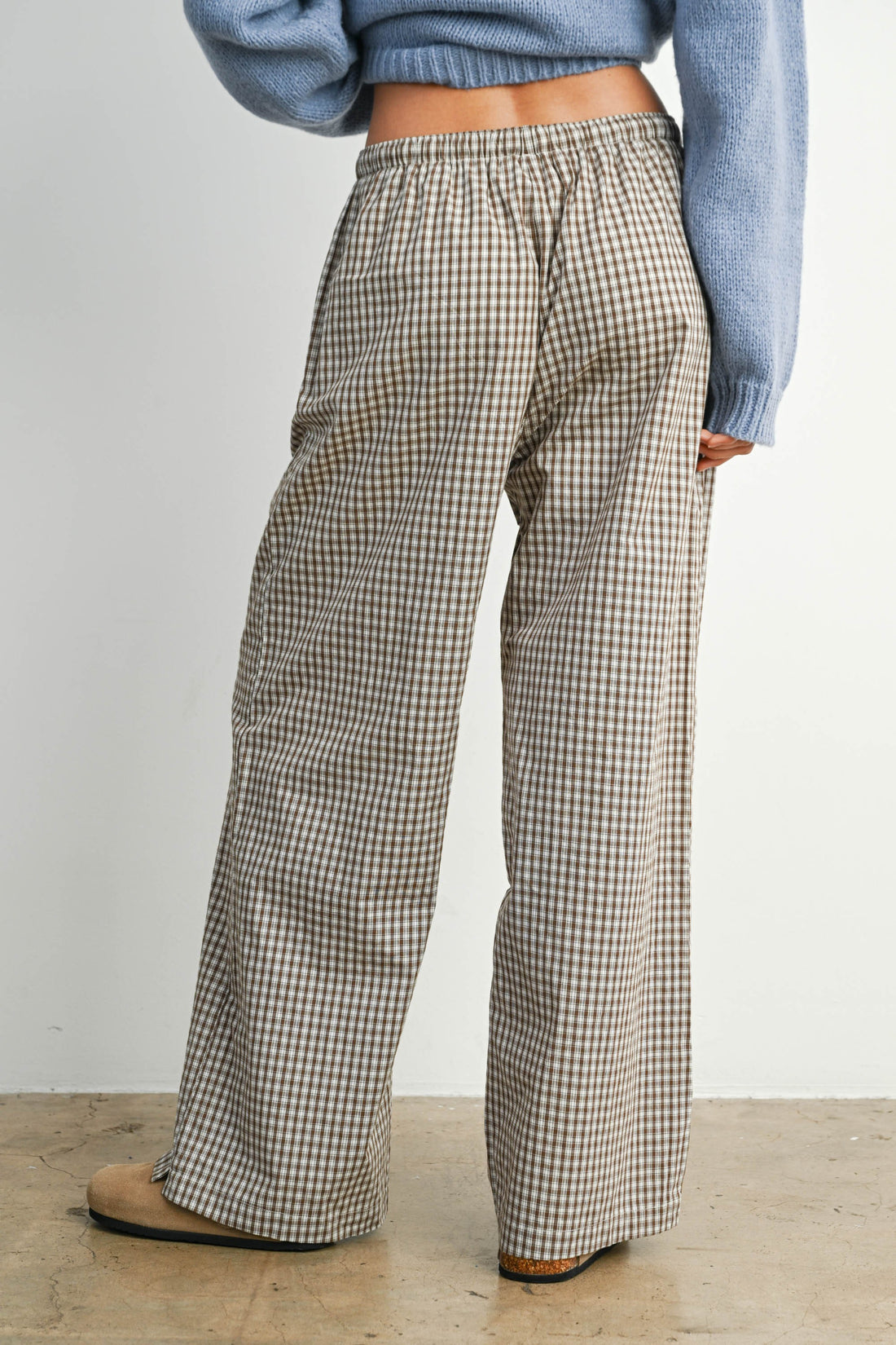 Women's brown gingham wide leg pull-on pants back view