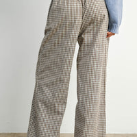 Women's brown gingham wide leg pull-on pants back view