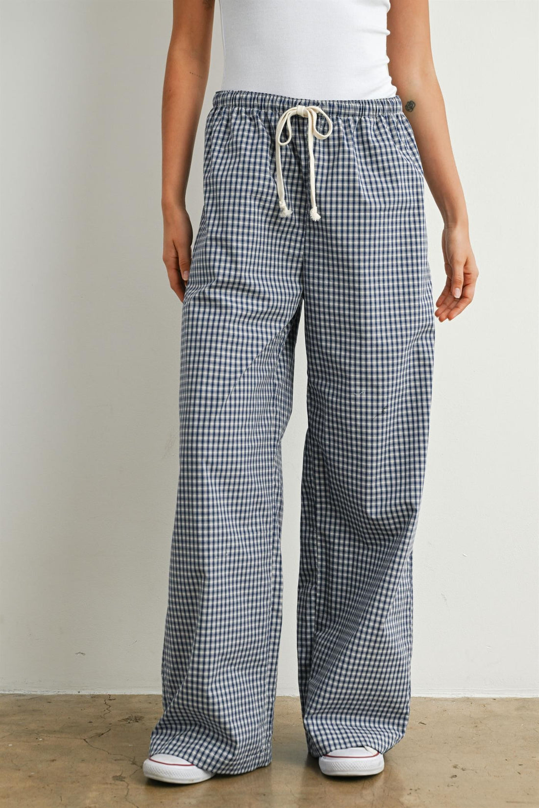 Gingham Check Drawstring Wide Leg Pants