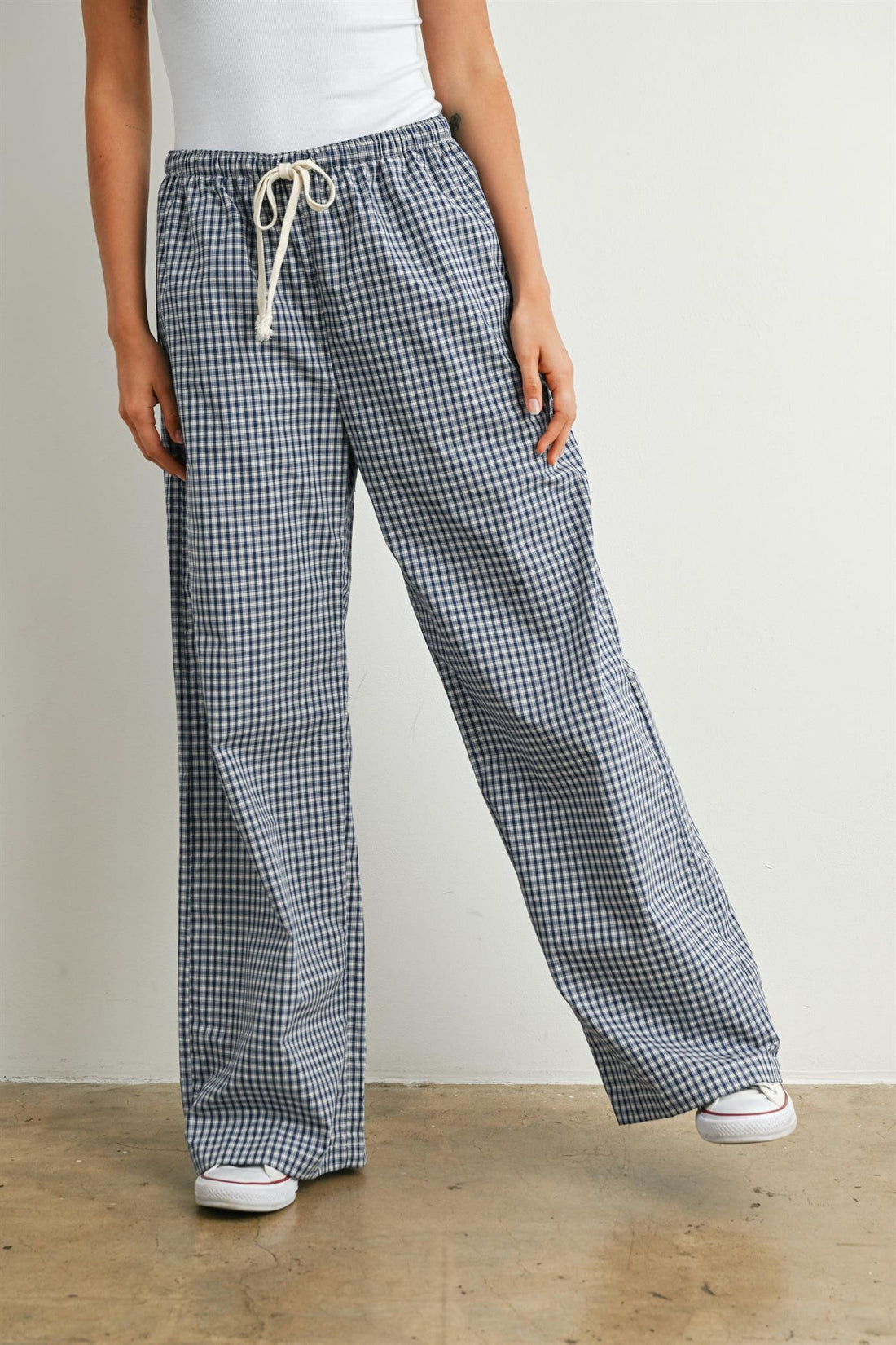 Gingham Check Drawstring Wide Leg Pants