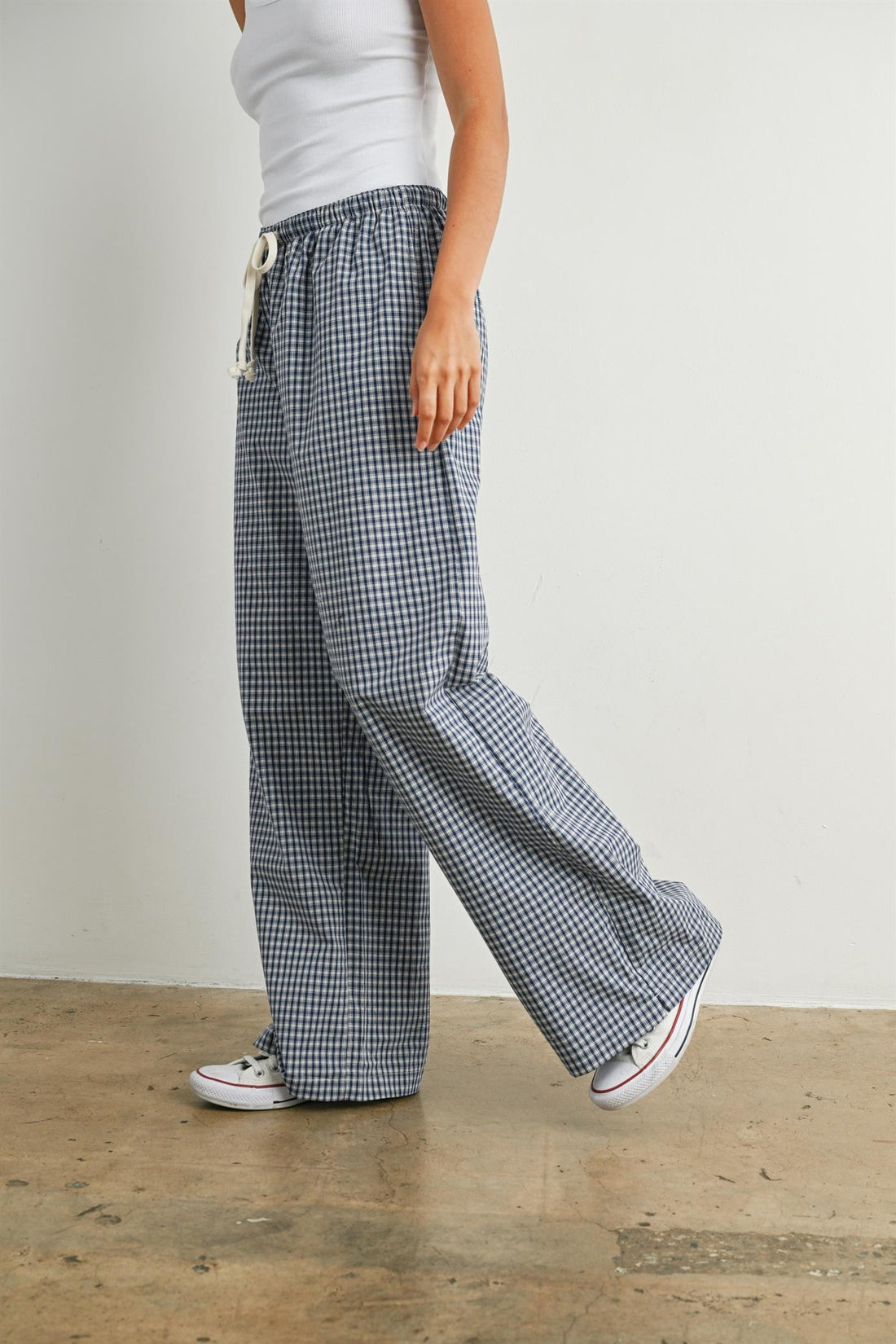 Gingham Check Drawstring Wide Leg Pants
