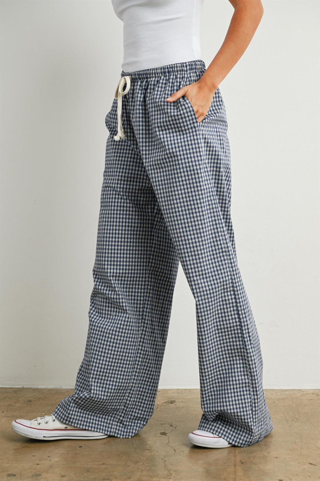 Gingham Check Drawstring Wide Leg Pants