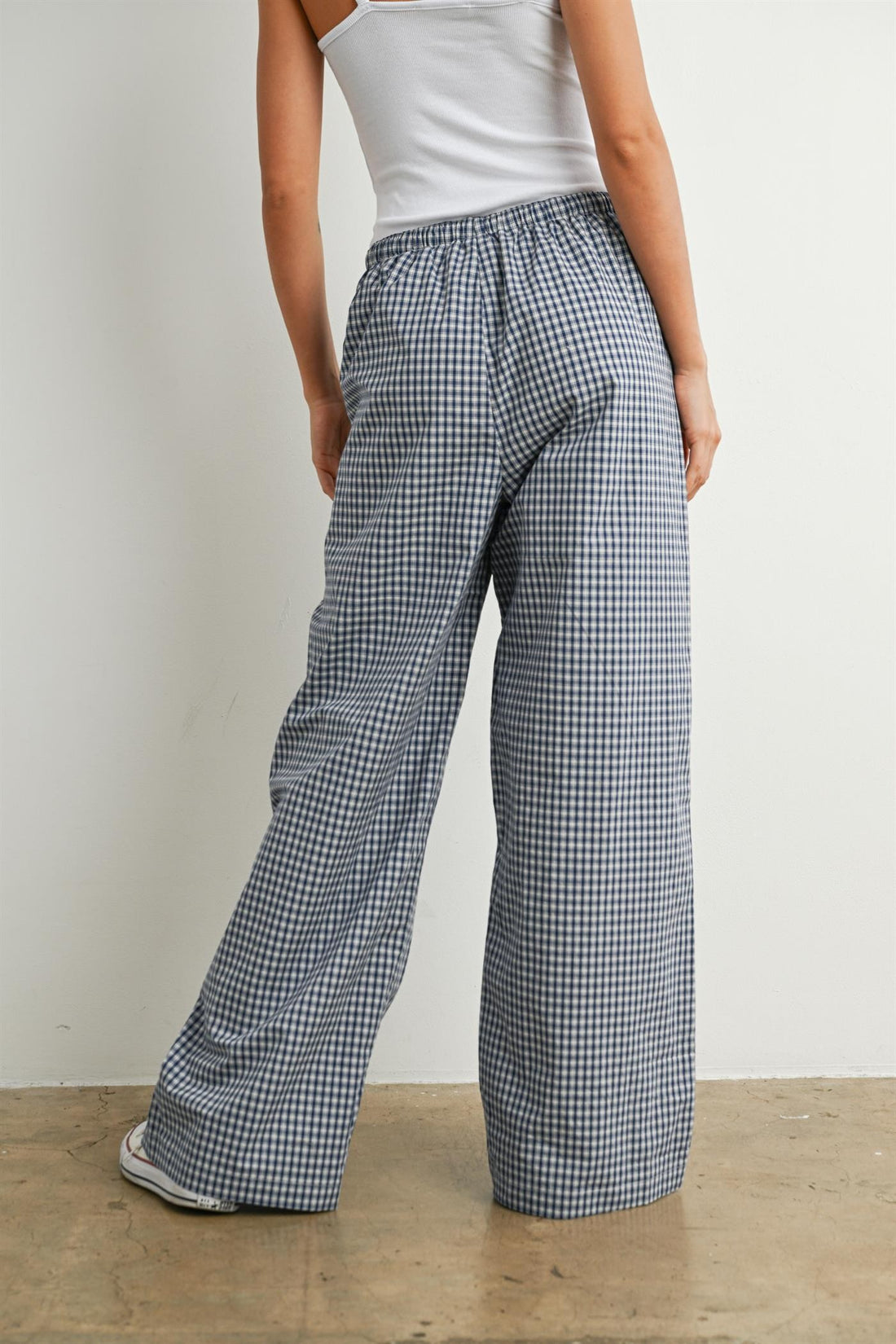 Gingham Check Drawstring Wide Leg Pants