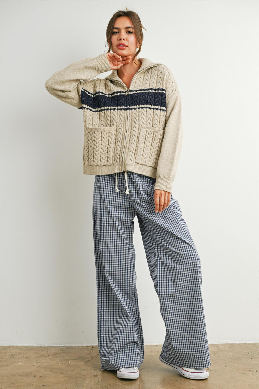 Gingham Check Drawstring Wide Leg Pants