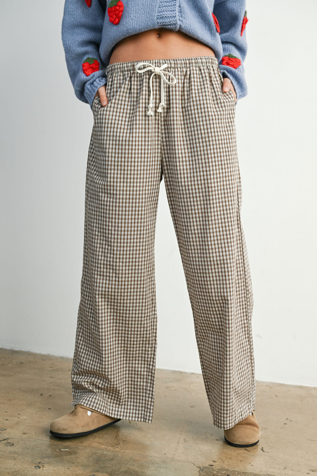 Brown gingham check wide leg pants with elastic drawstring waist