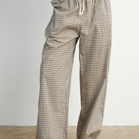Brown check drawstring pants with relaxed wide leg fit