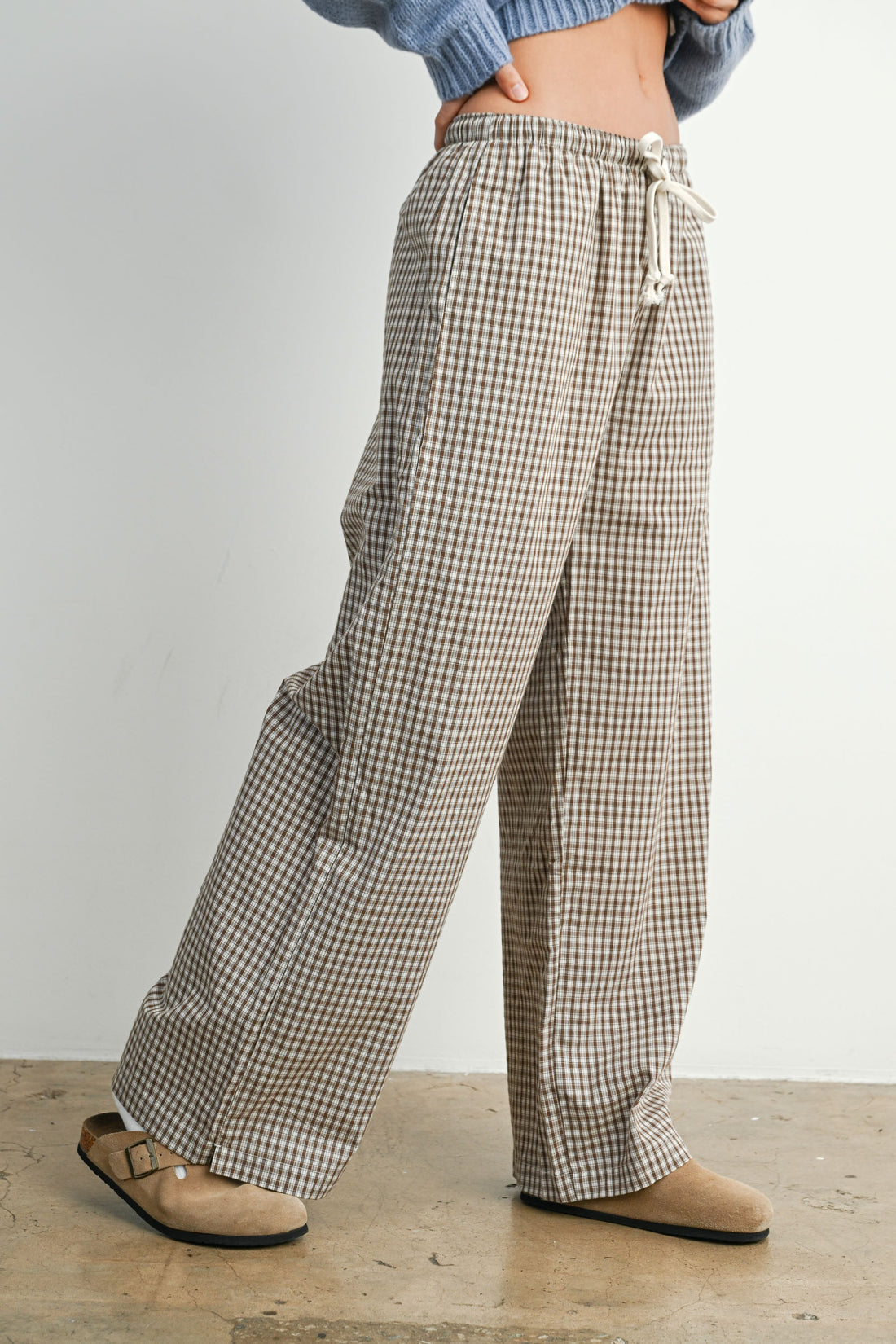 Gingham Check Drawstring Wide Leg Pants