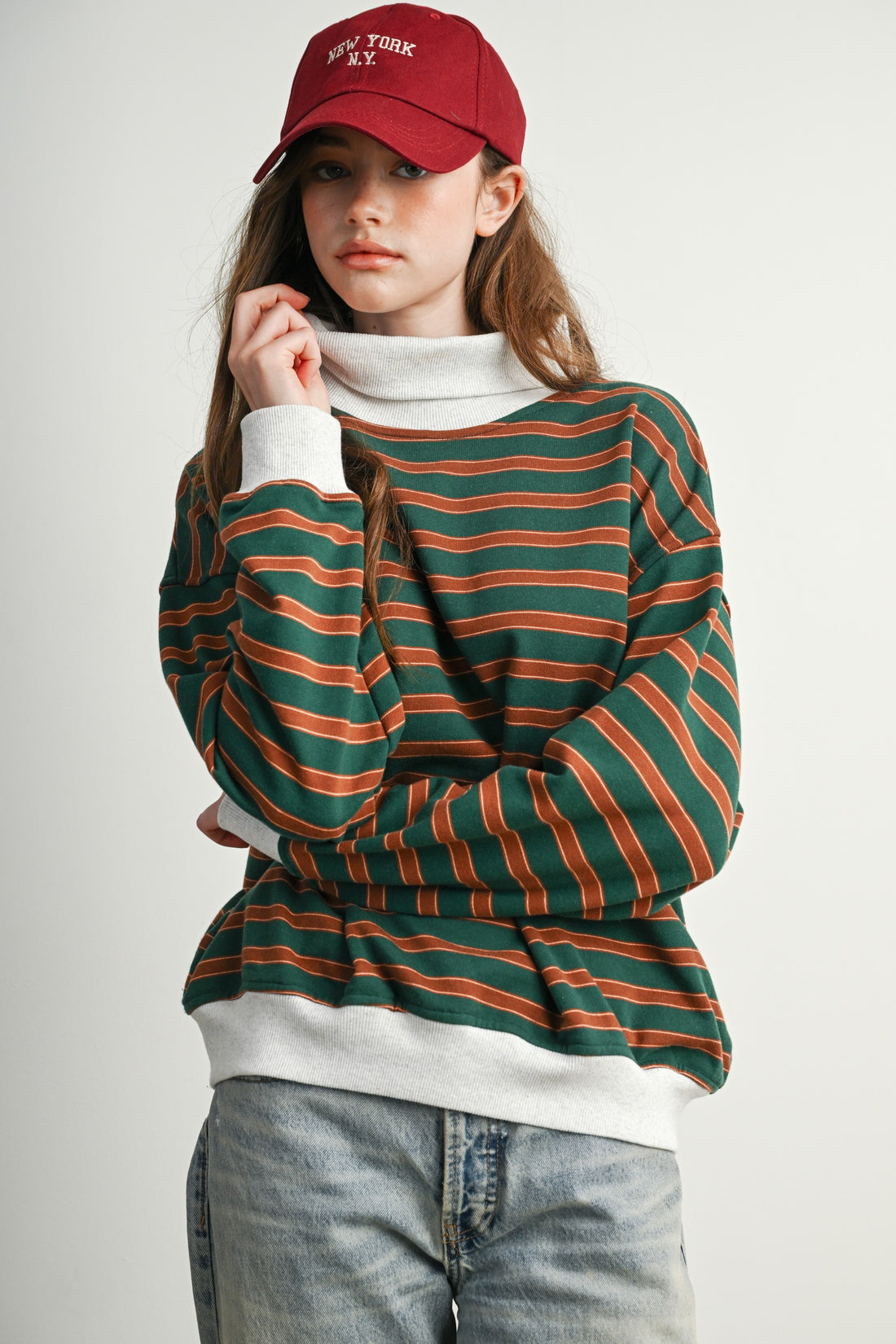 Vintage Stripe Oversized Mock Neck Sweatshirt