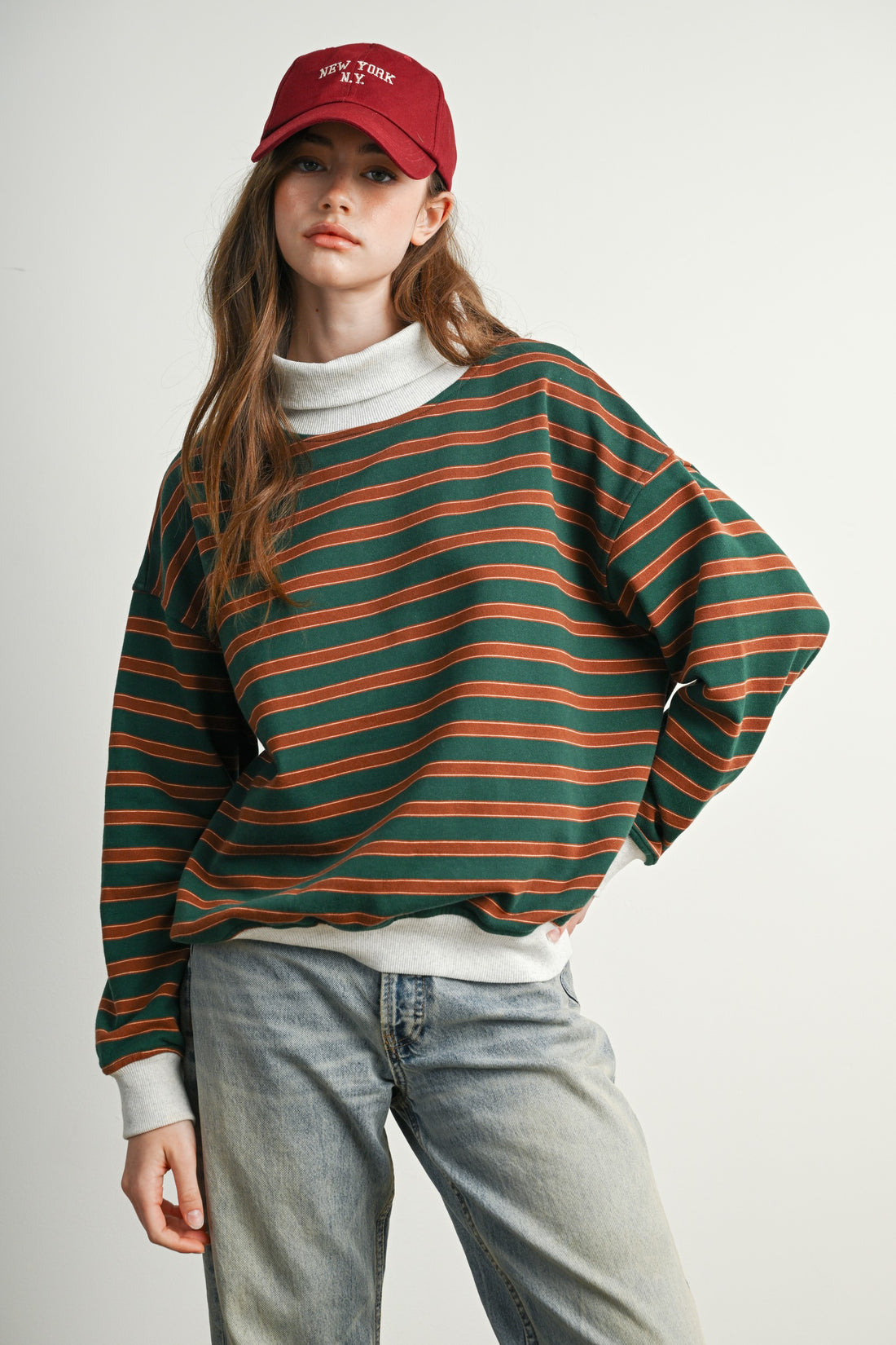Vintage Stripe Oversized Mock Neck Sweatshirt