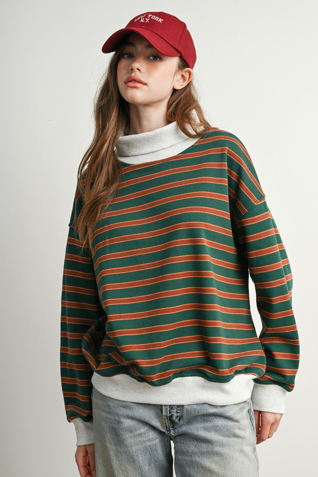 Vintage Stripe Oversized Mock Neck Sweatshirt