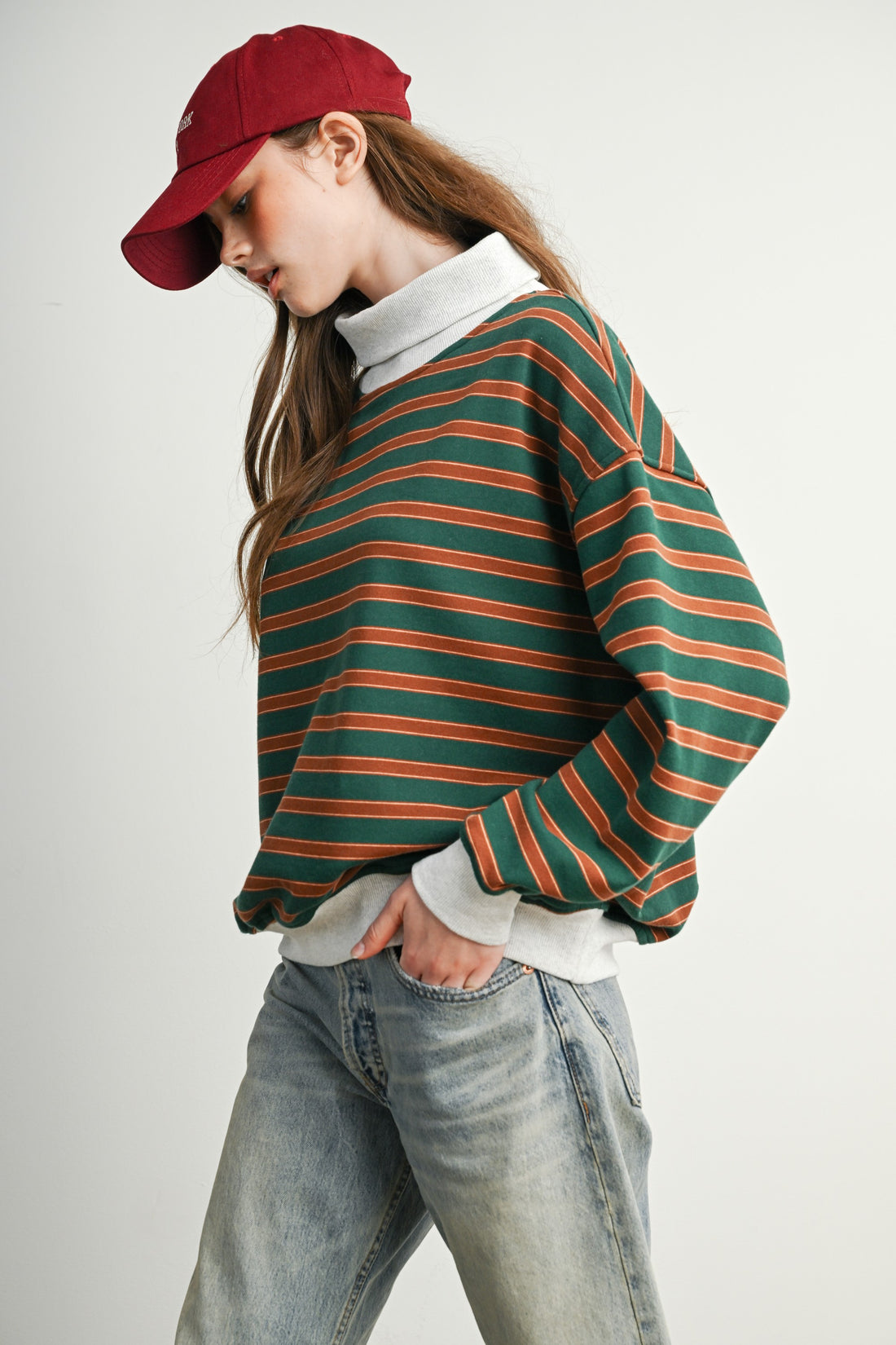 Vintage Stripe Oversized Mock Neck Sweatshirt
