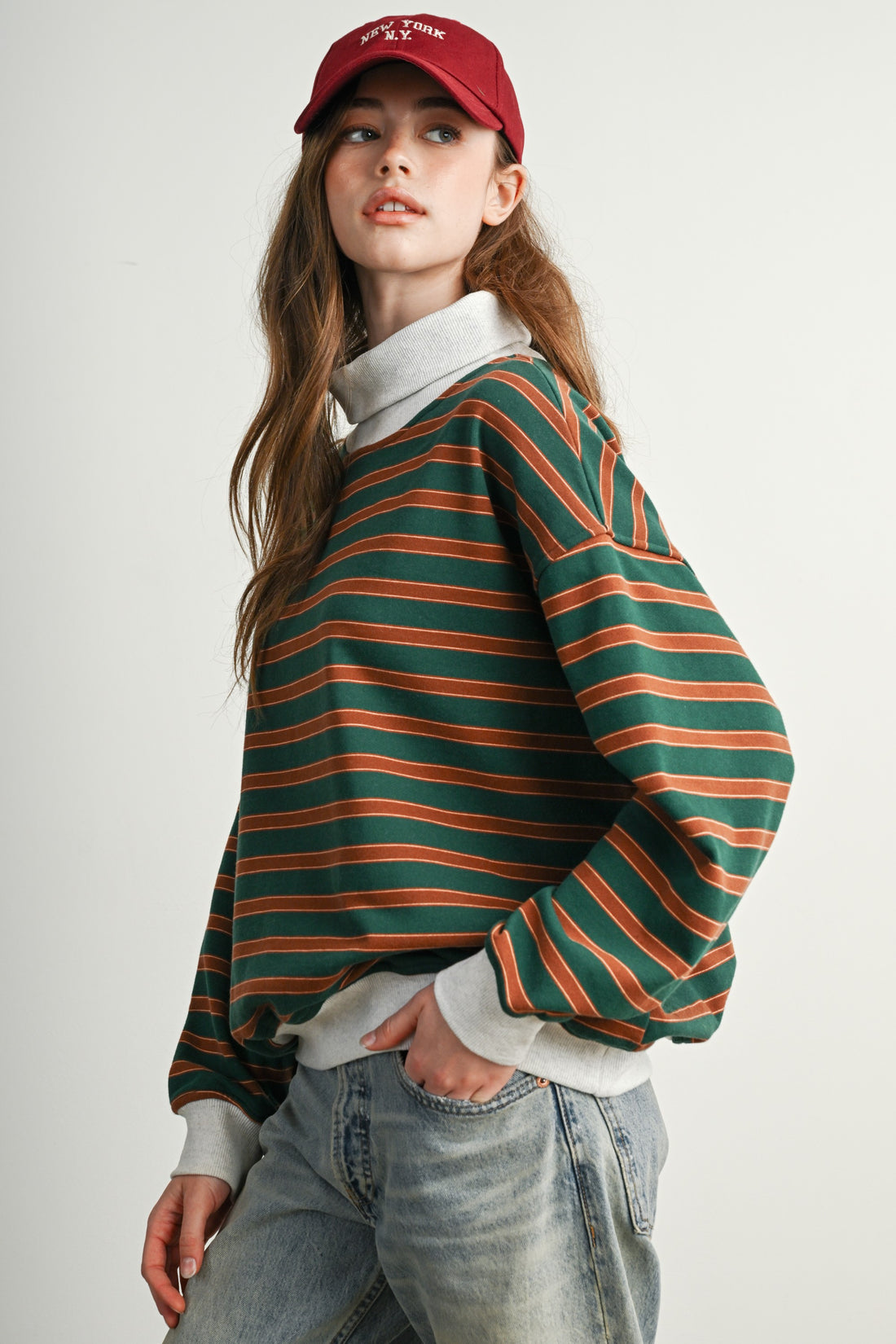 Vintage Stripe Oversized Mock Neck Sweatshirt
