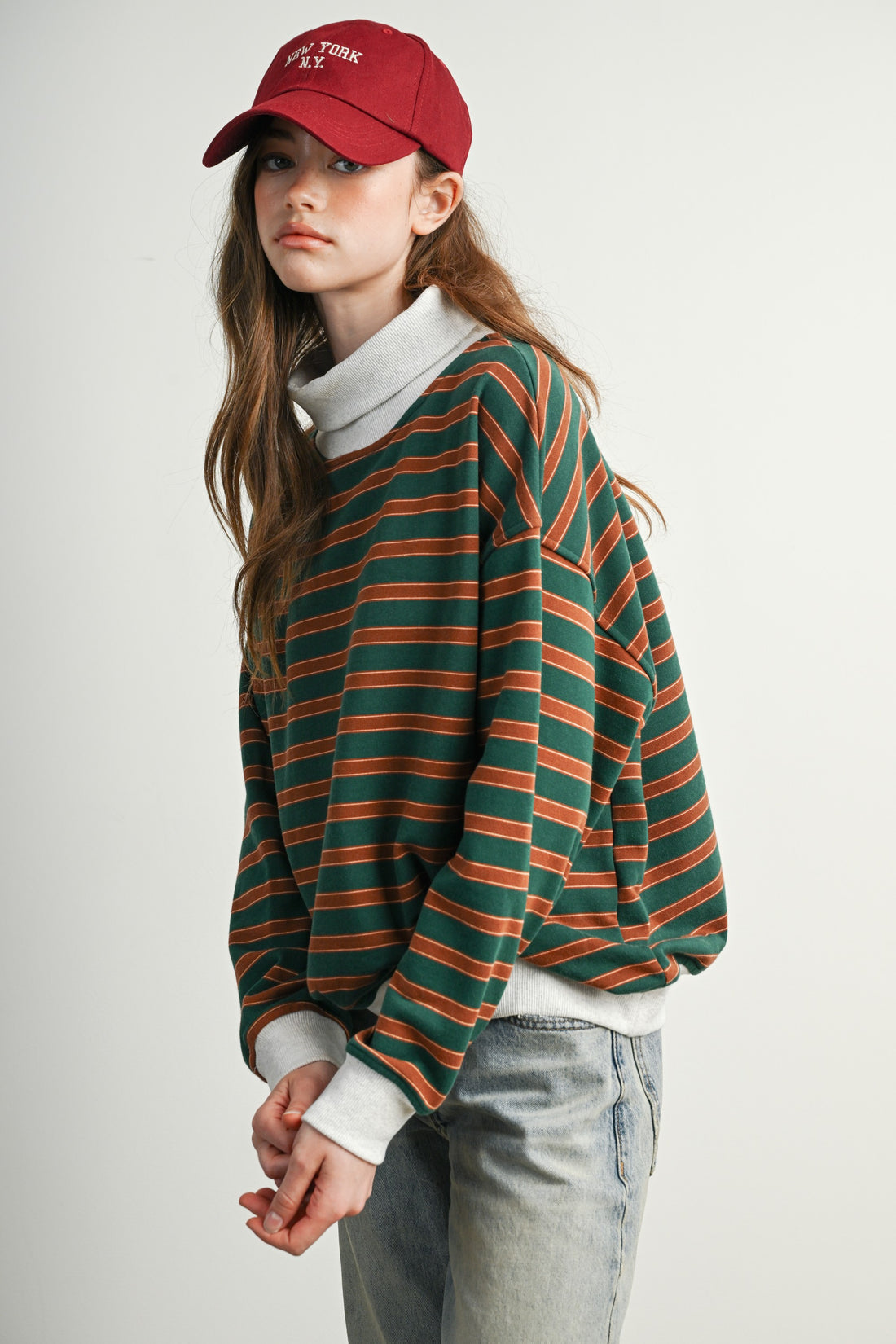 Vintage Stripe Oversized Mock Neck Sweatshirt