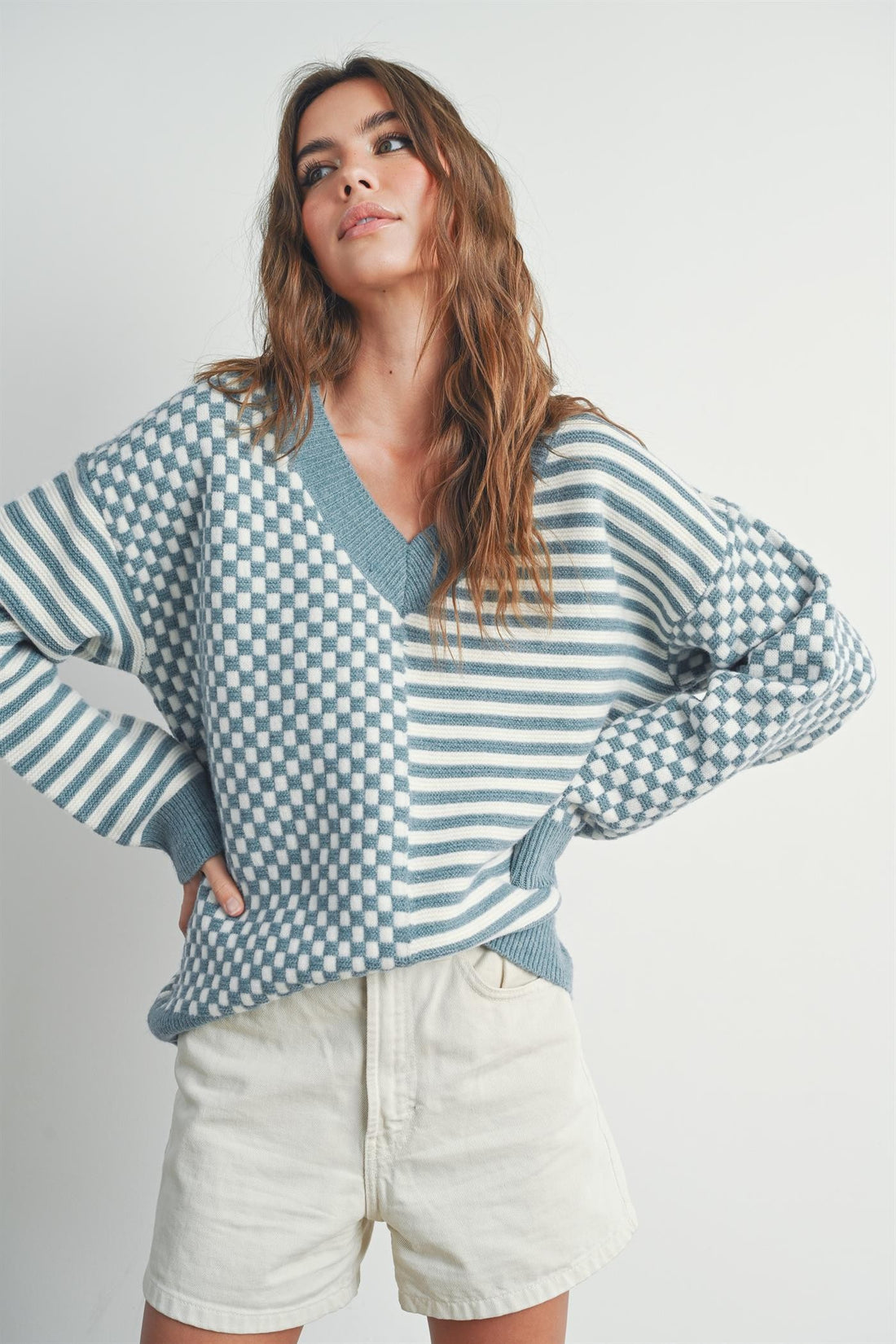 Checker V neck Cozy Sweater