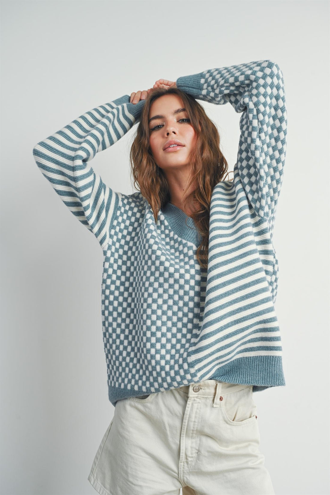 Checker V neck Cozy Sweater