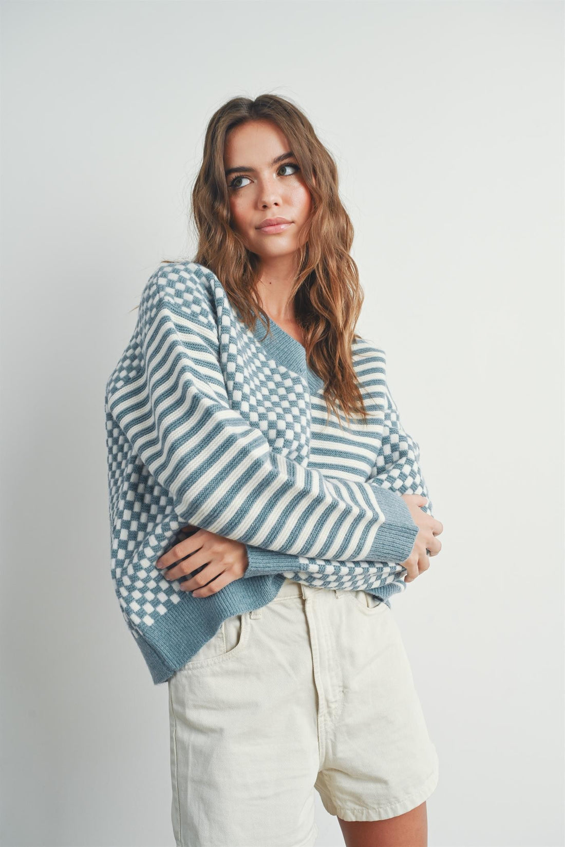 Checker V neck Cozy Sweater