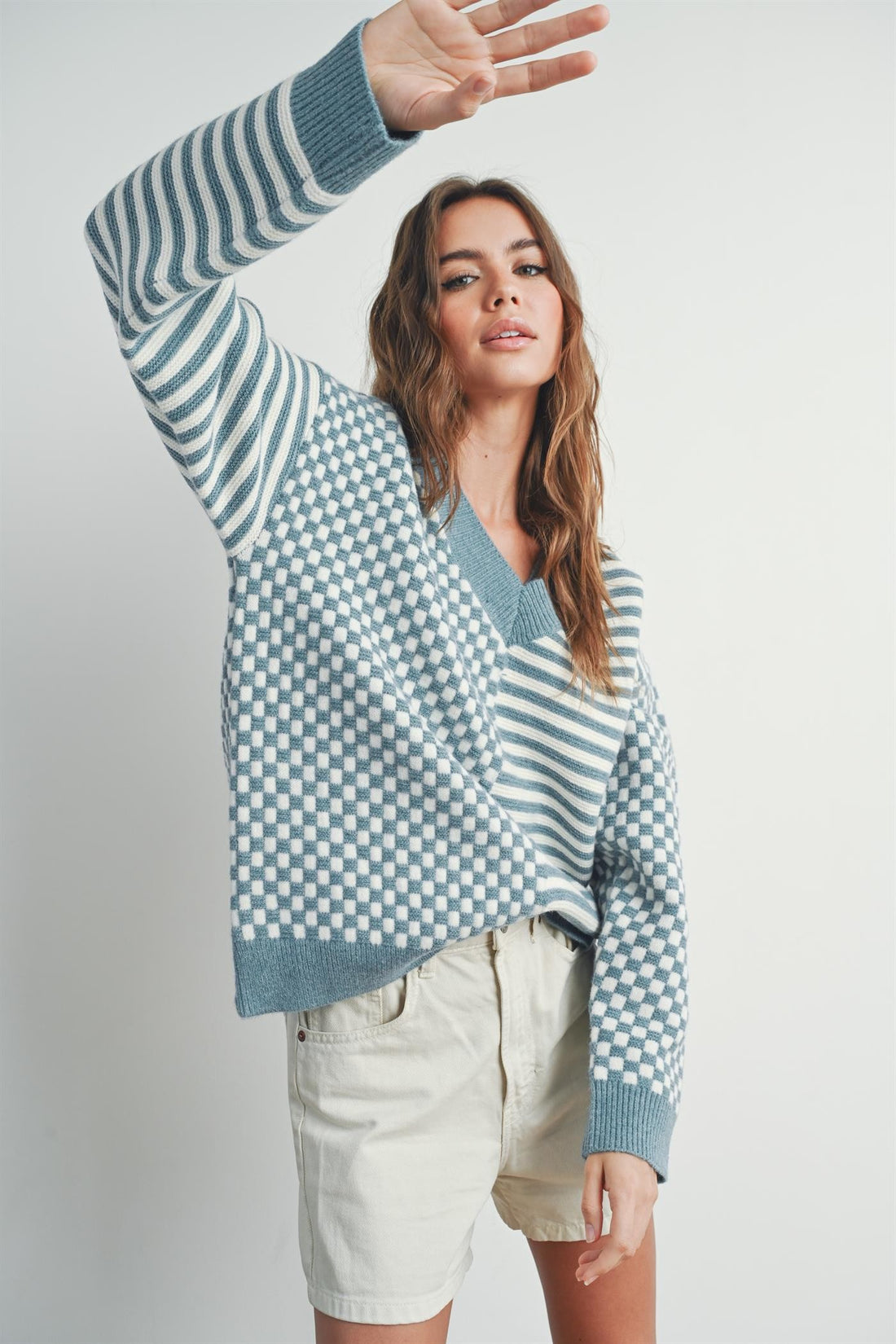 Checker V neck Cozy Sweater