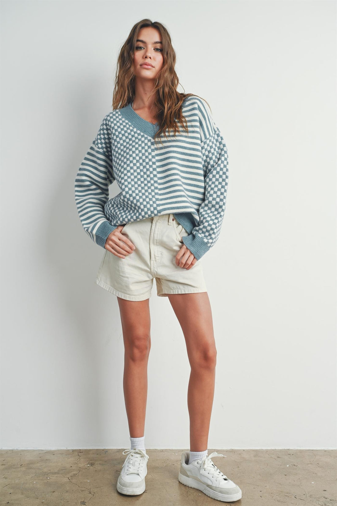 Checker V neck Cozy Sweater