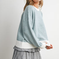 Blue and Ivory relaxed knit sweater, three-quarter back view