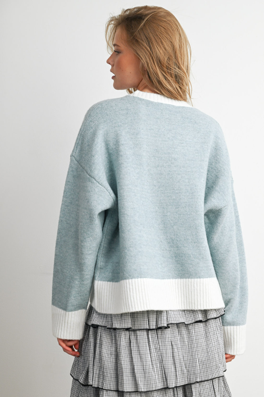 Blue and Ivory contrast-trim knit sweater, back view on model