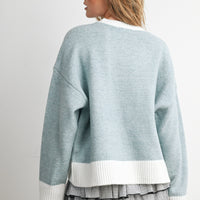 Blue and Ivory contrast-trim knit sweater, back view on model
