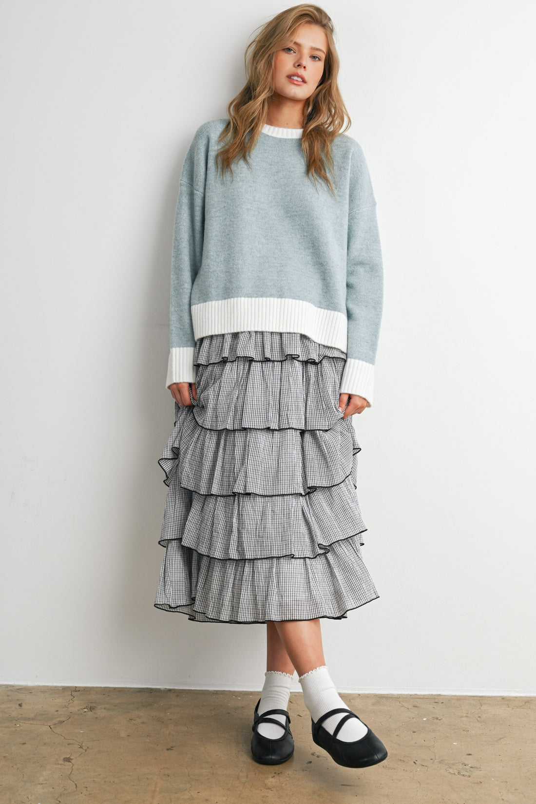 Blue and Ivory relaxed knit sweater, full-length front view on model
